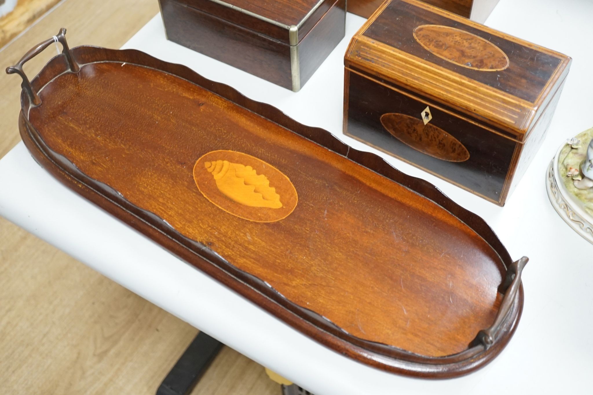 Two Victorian tea caddies, writing slope and an Edwardian inlaid tea tray, 56.5cm